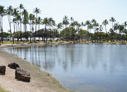 The eroded banks of the Hawaiian pond were regraded and stabilized with coral aggregate underlain by a tied concrete block mat.